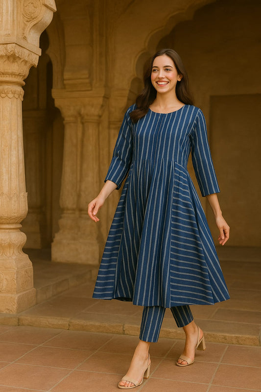 Indigo Striped Flared Kurta Set – Handloom Cotton Elegance with Pants