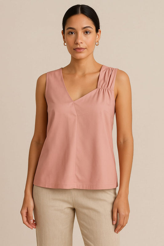 Blush Rose One-Shoulder Ruched Pure Satin Top – Sleeveless Summer Essential