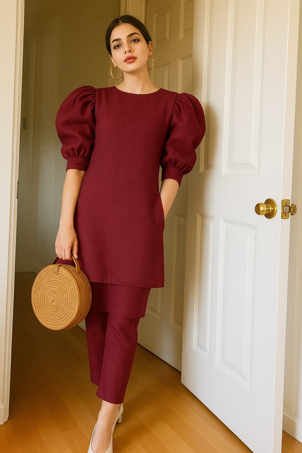Maroon Puff Sleeve Co-Ord Set – Statement Style in Sustainable Linen