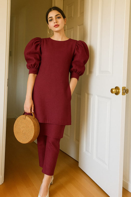 Maroon Puff Sleeve Co-Ord Set – Statement Style in Sustainable Linen