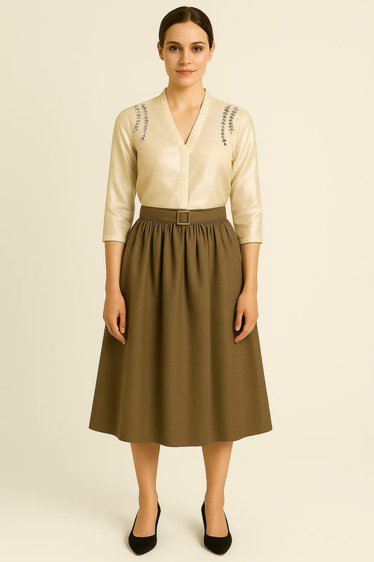 Golden Hour Chanderi Top & Giza Cotton Belted Skirt Set – Artisanal Elegance for Modern Professionals