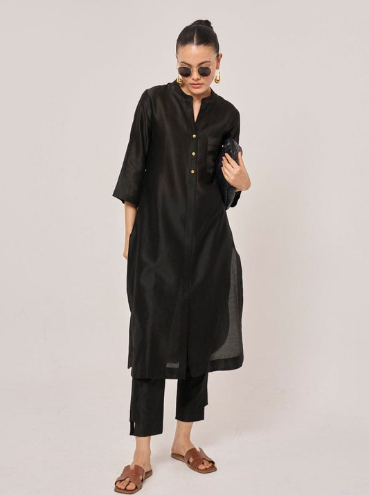 Black Chanderi Silk Kurta Set with Gold Button Detail – Luxe Minimalism for Every Occasion