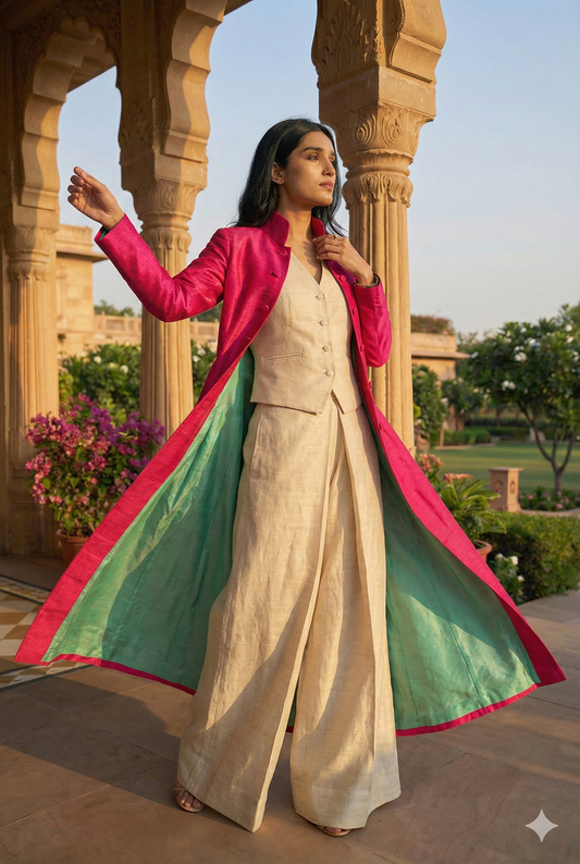 Celebrity Inspired Raw Silk Ivory Waistcoat Pant Set with Fuchsia Jacket – Luxe Raw Silk Ensemble