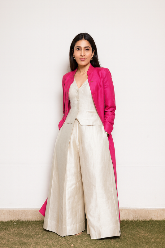 Ivory Silk Power Suit with Fuchsia Jacket – Luxe Raw Silk Ensemble
