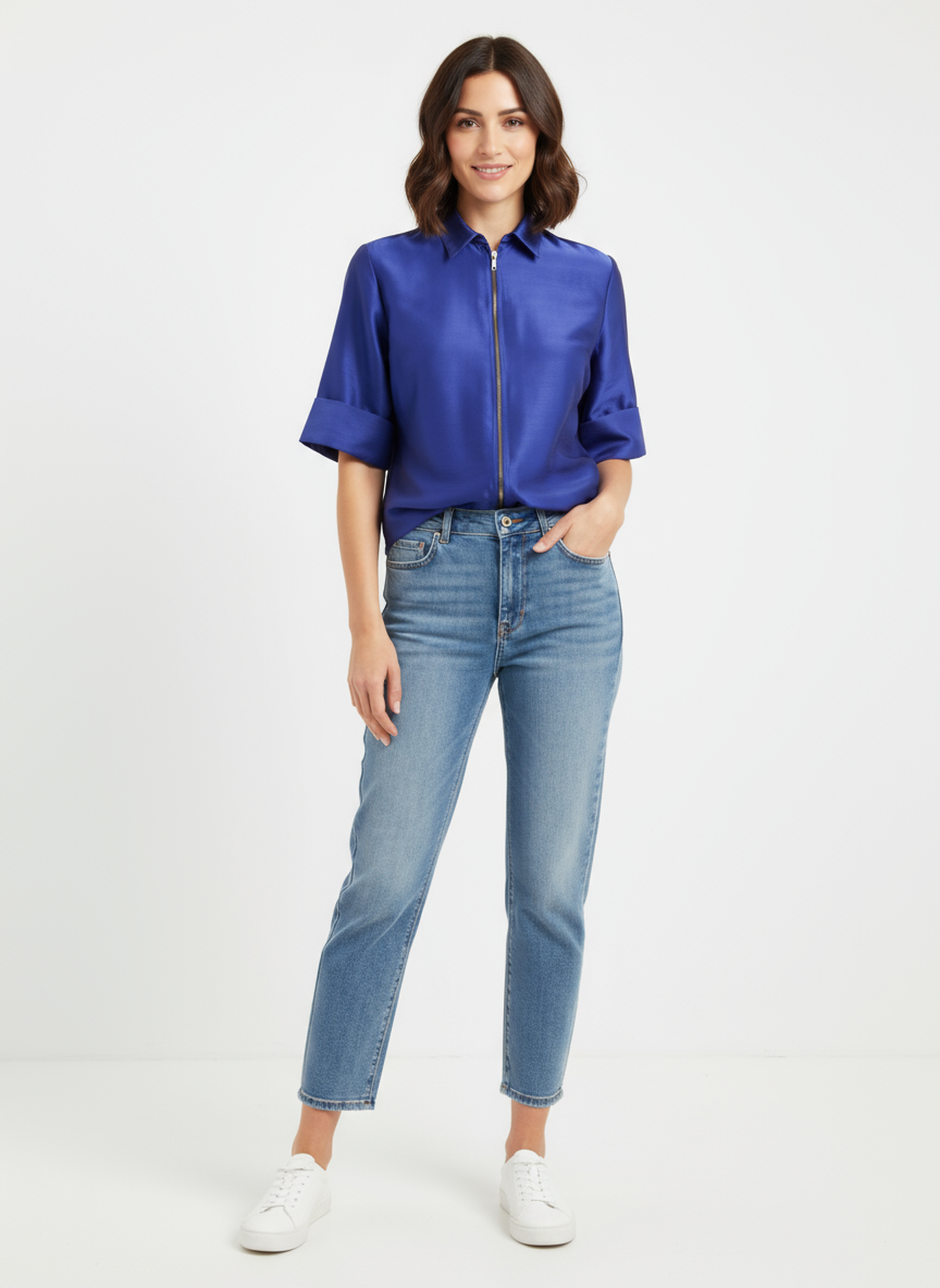Women’s Raw Silk Zipper Shirt Top | Luxe Shine | Stylish Folded Sleeves