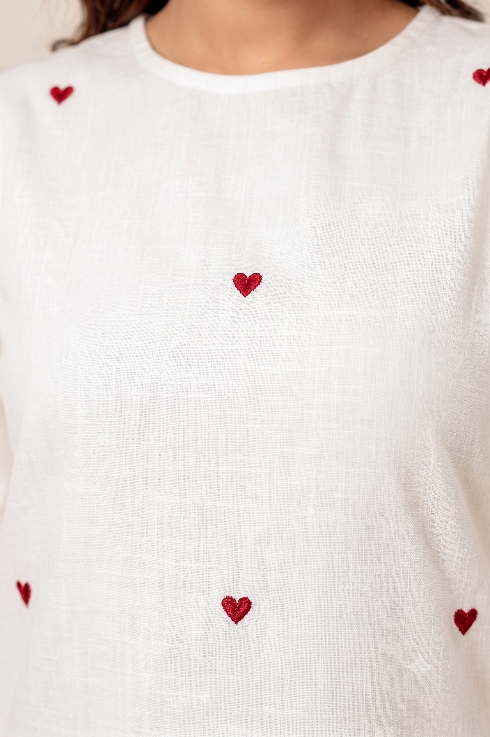 Bishop Sleeve Heart Embroidery Linen Cotton Co-Ord Set