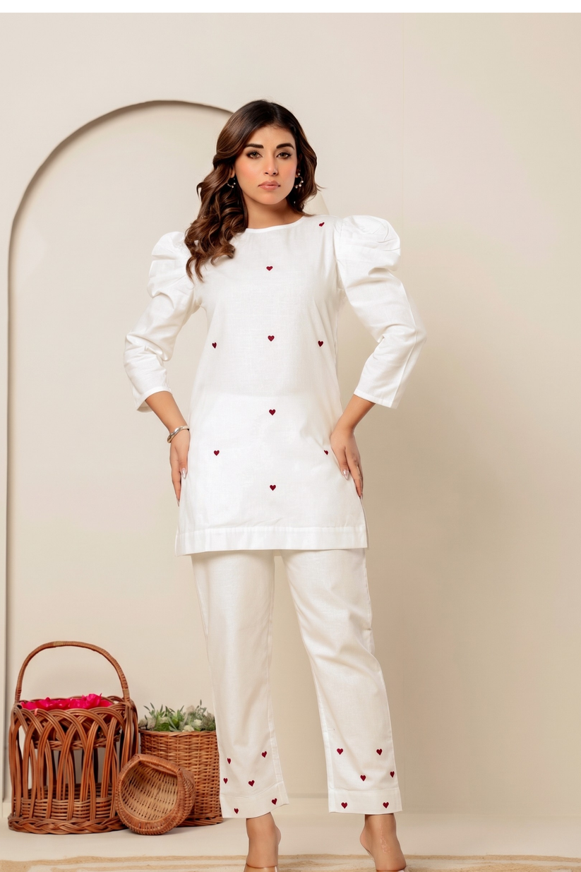 Bishop Sleeve Heart Embroidery Linen Cotton Co-Ord Sett