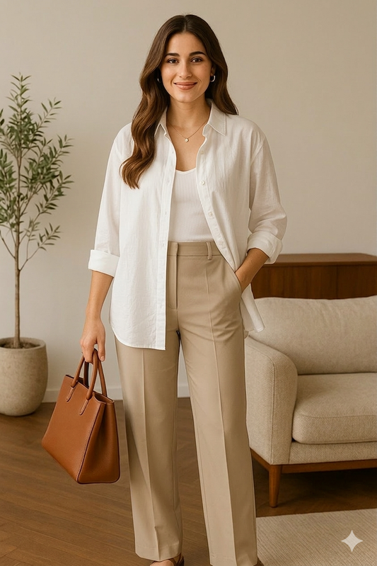 Oversized White Pure Cotton Shirt with Beige Trousers – Minimal Chic Set