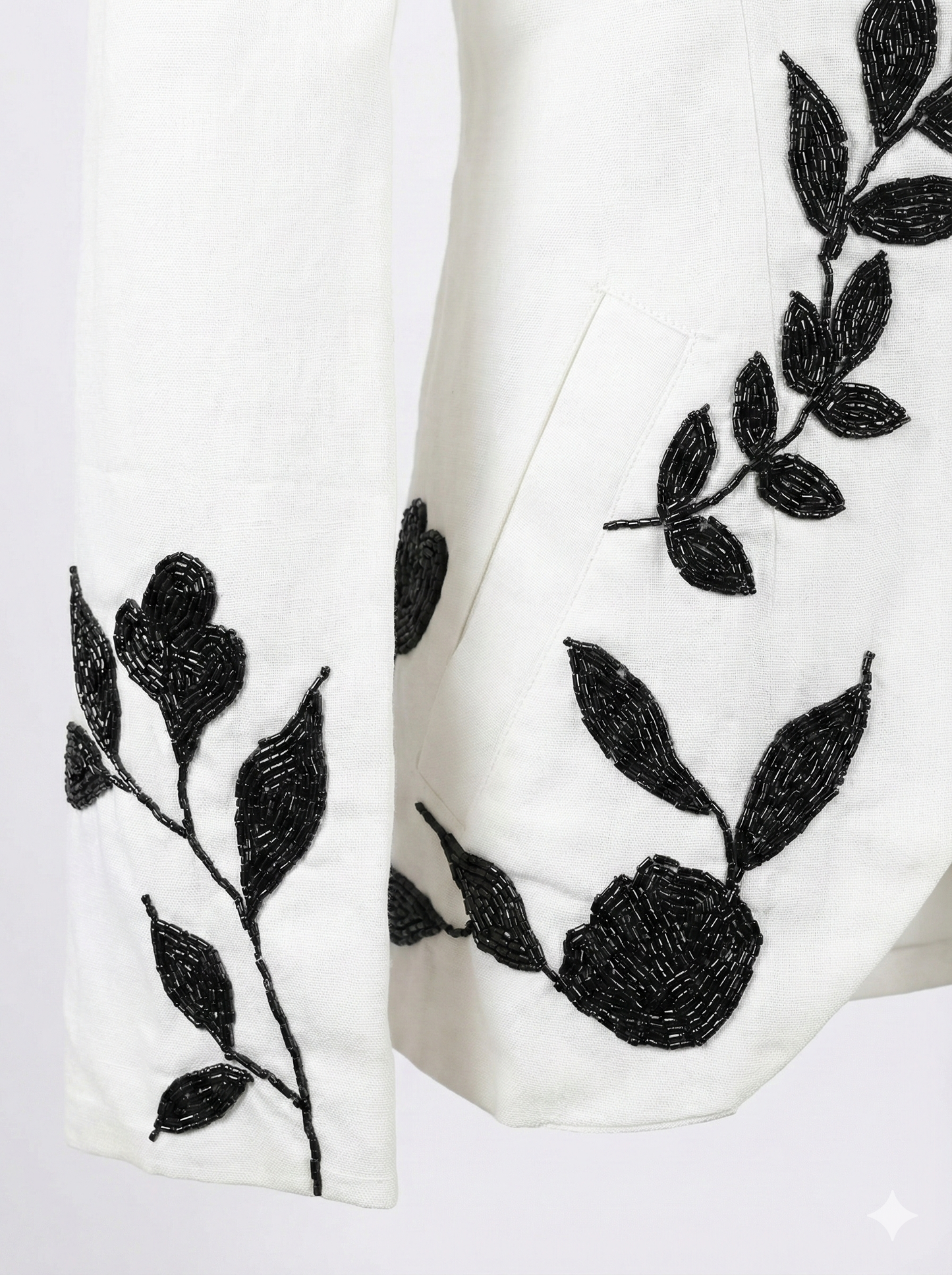 Women’s White Linen Cotton Blazer & Pant Set with Black Sequin Embroidery | Premium Party Wear Suit