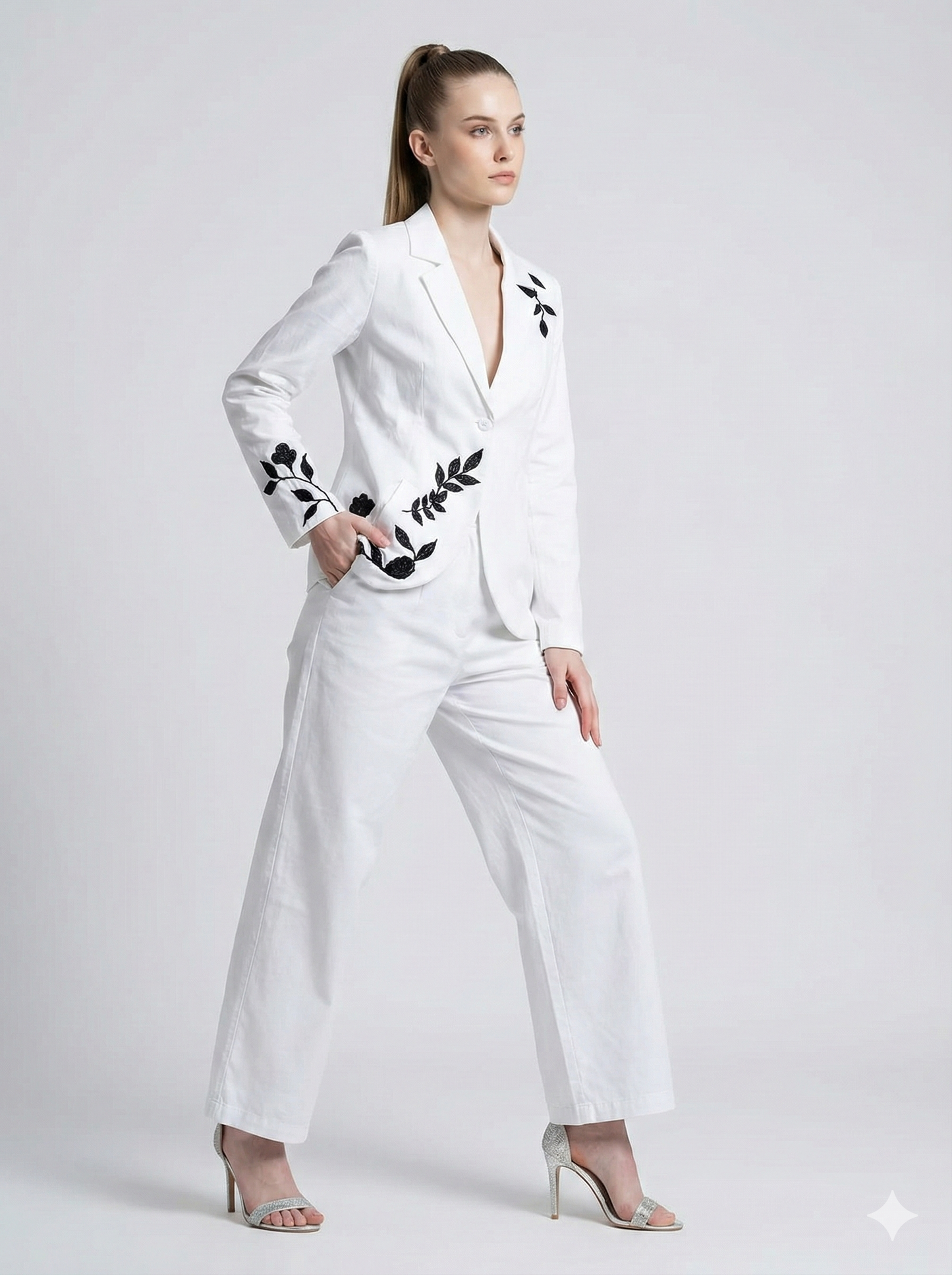 Women’s White Linen Cotton Blazer & Pant Set with Black Sequin Embroidery | Premium Party Wear Suit