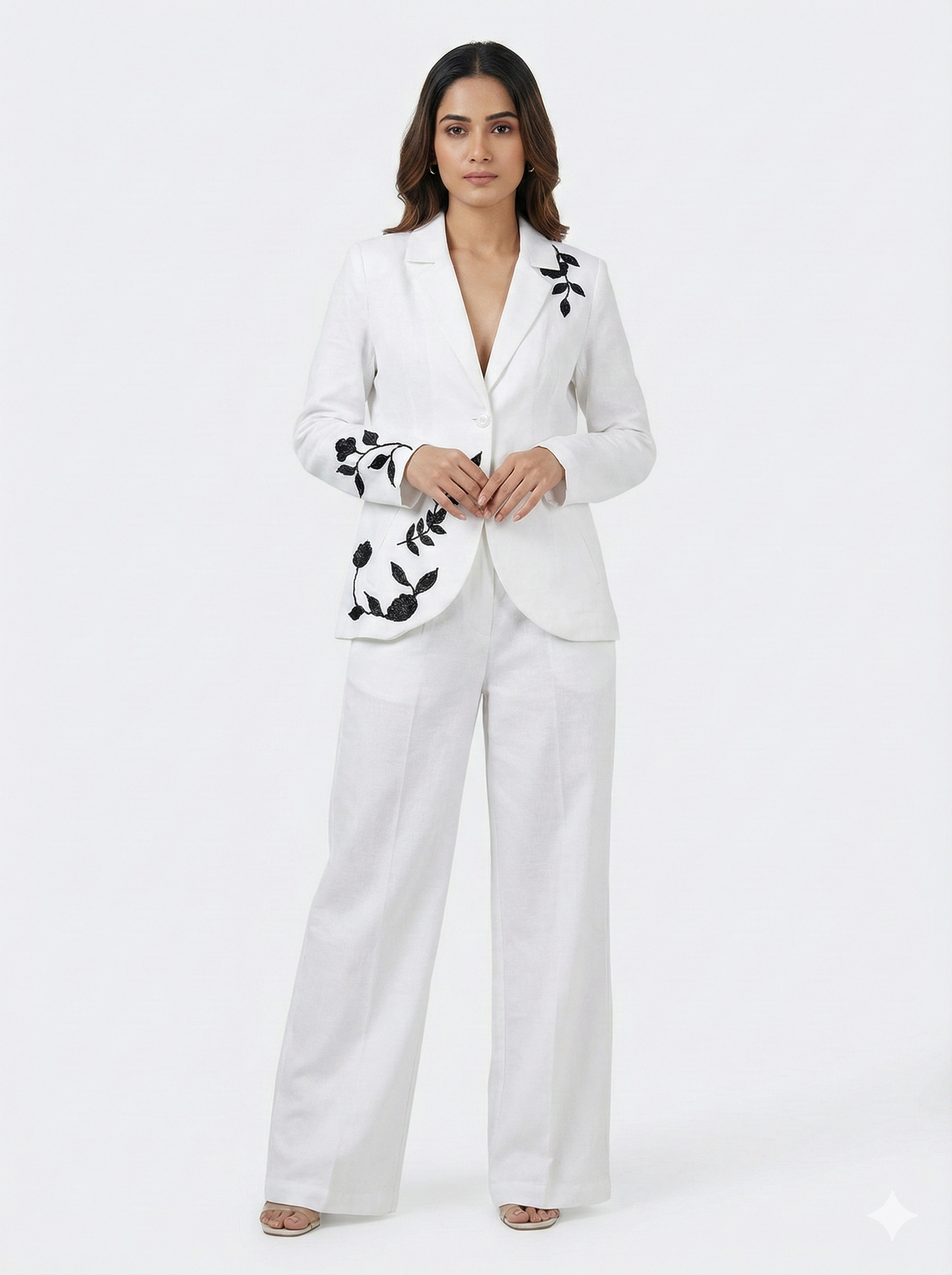 Women’s White Linen Cotton Blazer & Pant Set with Black Sequin Embroidery | Premium Party Wear Suit