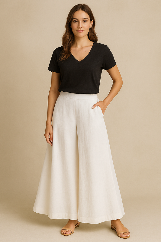 White Linen Flared Pants with black linen top- Relaxed Fit