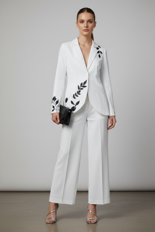 Women’s White Linen Cotton Blazer & Pant Set with Black Sequin Embroidery | Premium Party Wear Suit