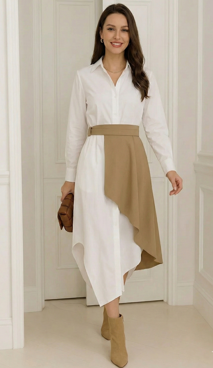 Asymmetric Pure Cotton Shirt Dress with Beige Overlay