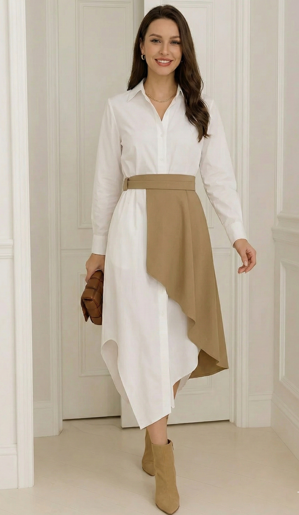 Asymmetric Pure Cotton Shirt Dress with Beige Overlay