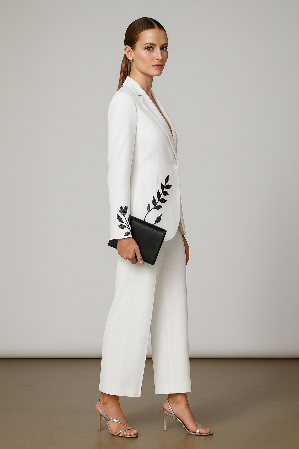 Women’s White Linen Cotton Blazer & Pant Set with Black Sequin Embroidery | Premium Party Wear Suit