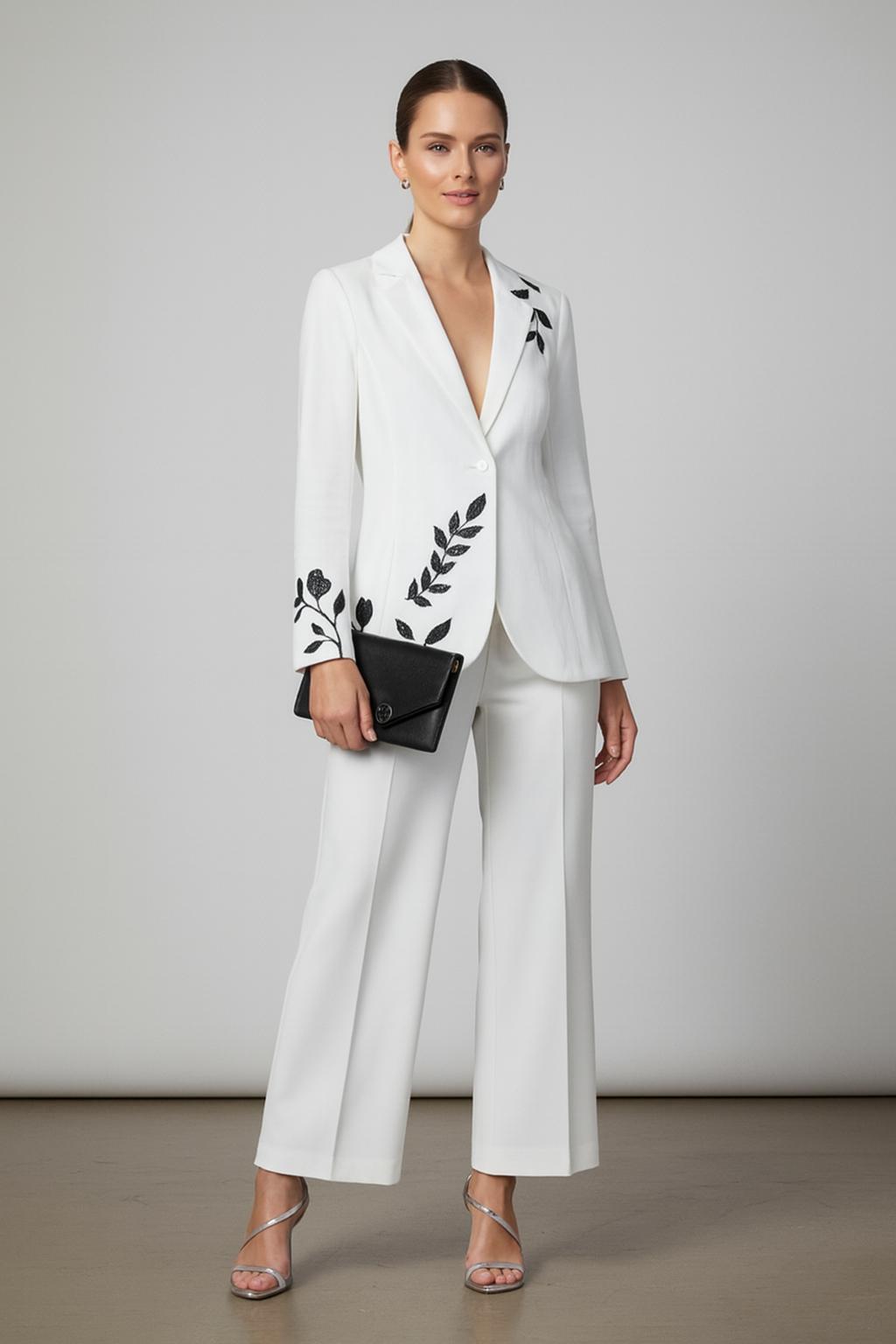 Women’s White Linen Cotton Blazer & Pant Set with Black Sequin Embroidery | Premium Party Wear Suit